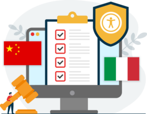 Checklist icon and laptop with China and Italian flag and accessibility icon