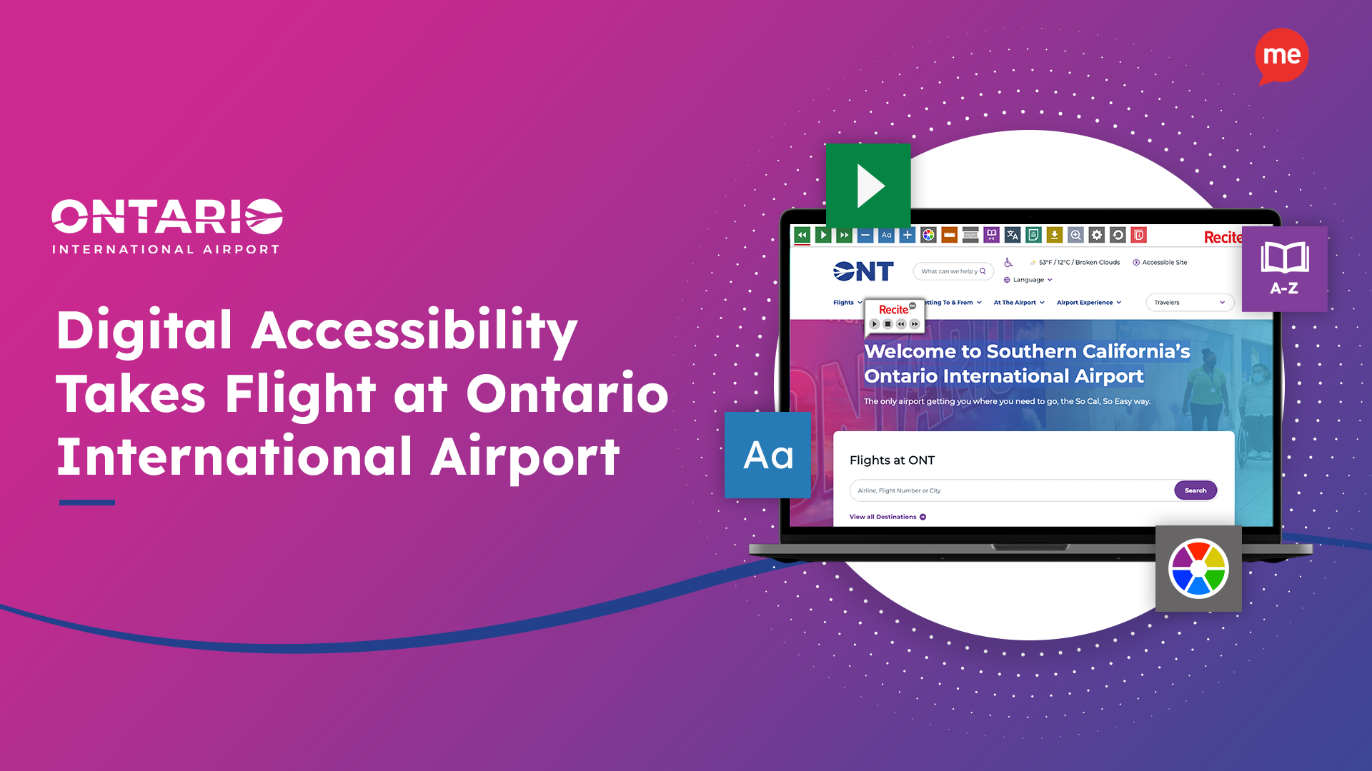 Digital Accessibility Takes Flight at Ontario International Airport with an laptop image with screenshot of https://www.flyontario.com/ website using the Recite Me toolbar