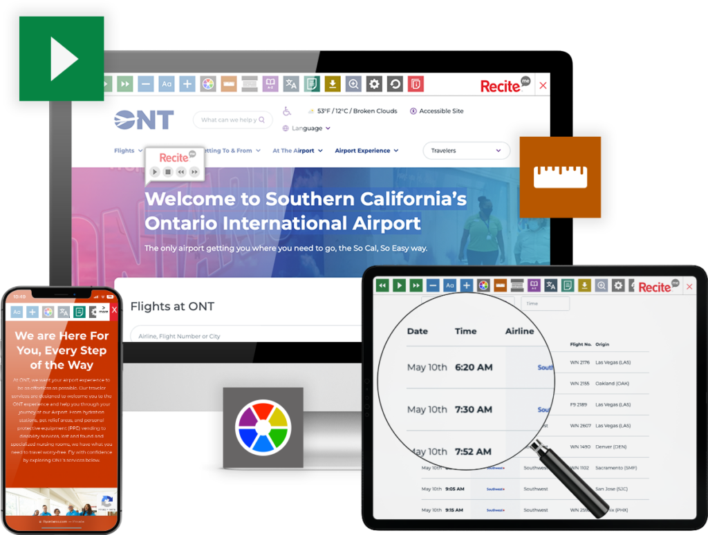 Laptop, tablet and mobile phone images with screenshot of https://www.flyontario.com/ website using the Recite Me toolbar.