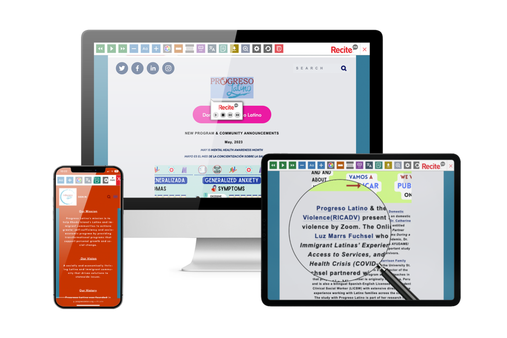 Laptop, tablet and mobile phone images with screenshot of the Progreso Latino website using the Recite Me toolbar.
