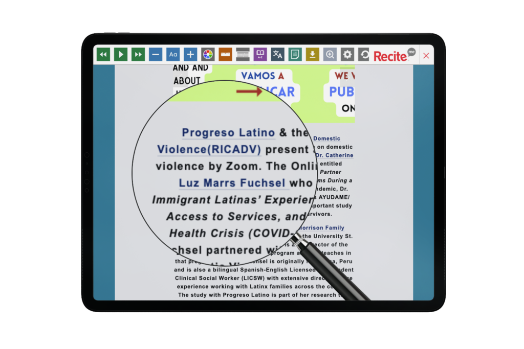 Tablet with a screenshot of the Progreso Latino website using the Recite Me toolbar.