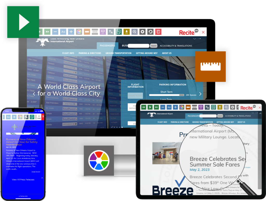 Mobile phone, desktop and tablet with screenshot of https://flymsy.com/ website using the Recite Me toolbar
