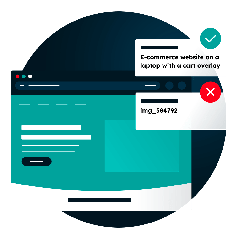 A web page with alt text overlays showing good and bad examples