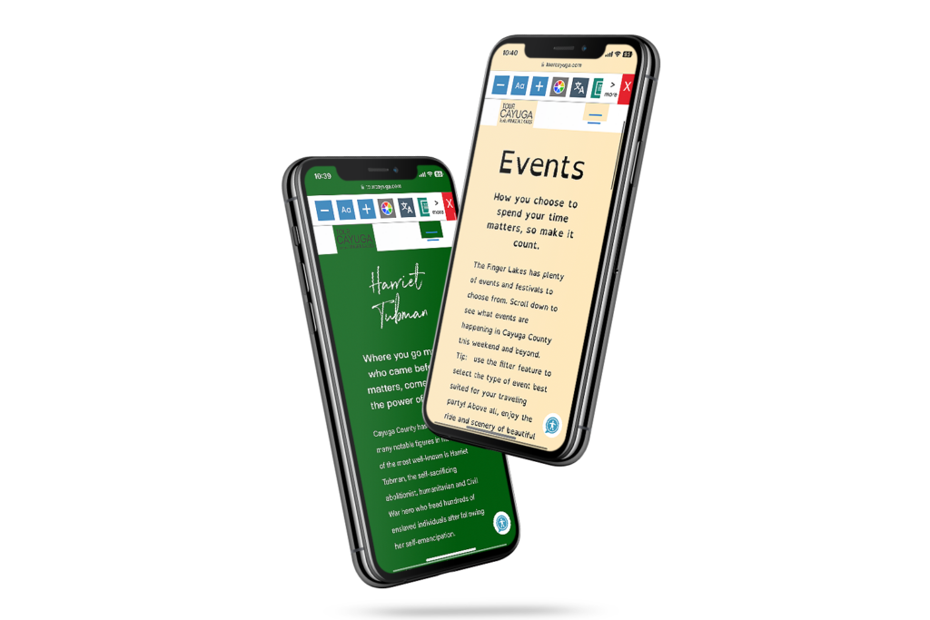 Mobile phones with screenshot of Cayuga Tourism website