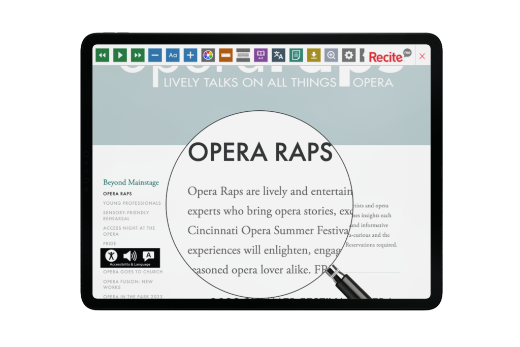 Tablet with screenshot of Cincinnati Opera website