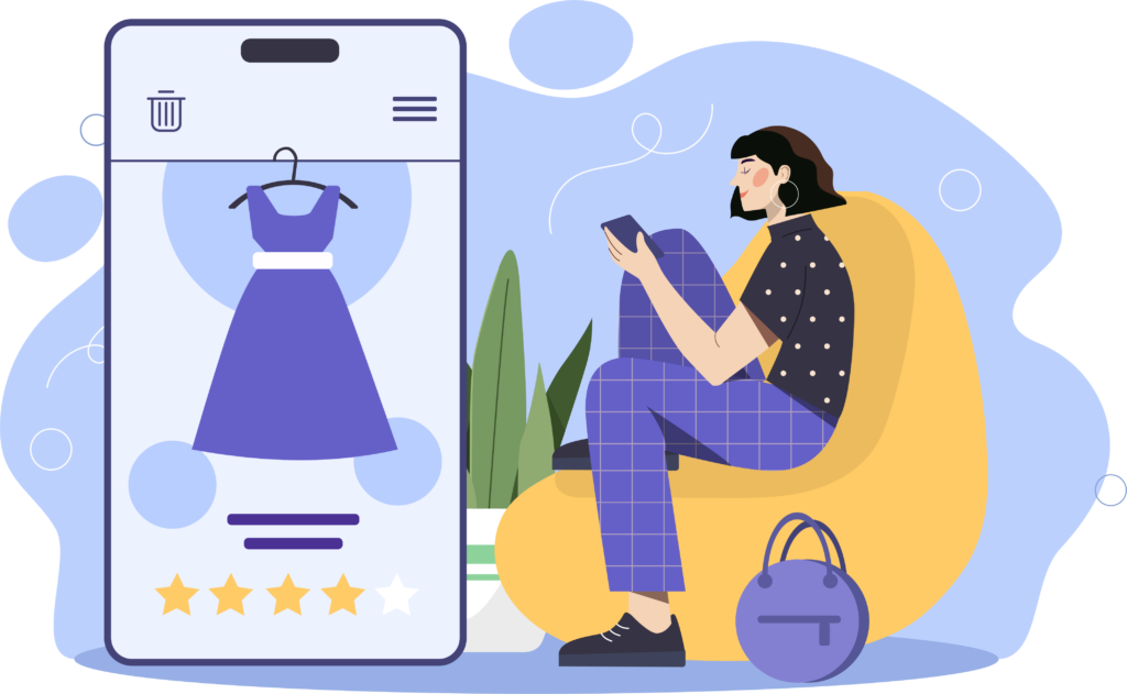 An illustration of a woman sitting on a chair shopping on her phone.