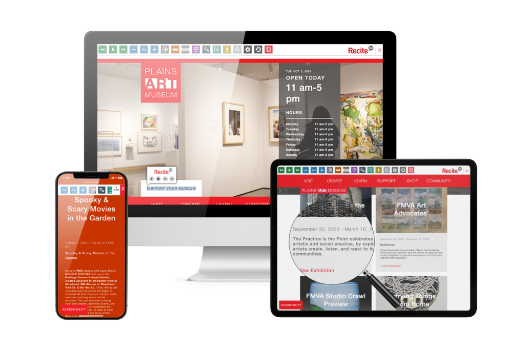 Desktop, tablet, and mobile with screenshot of Plains Art Museum website