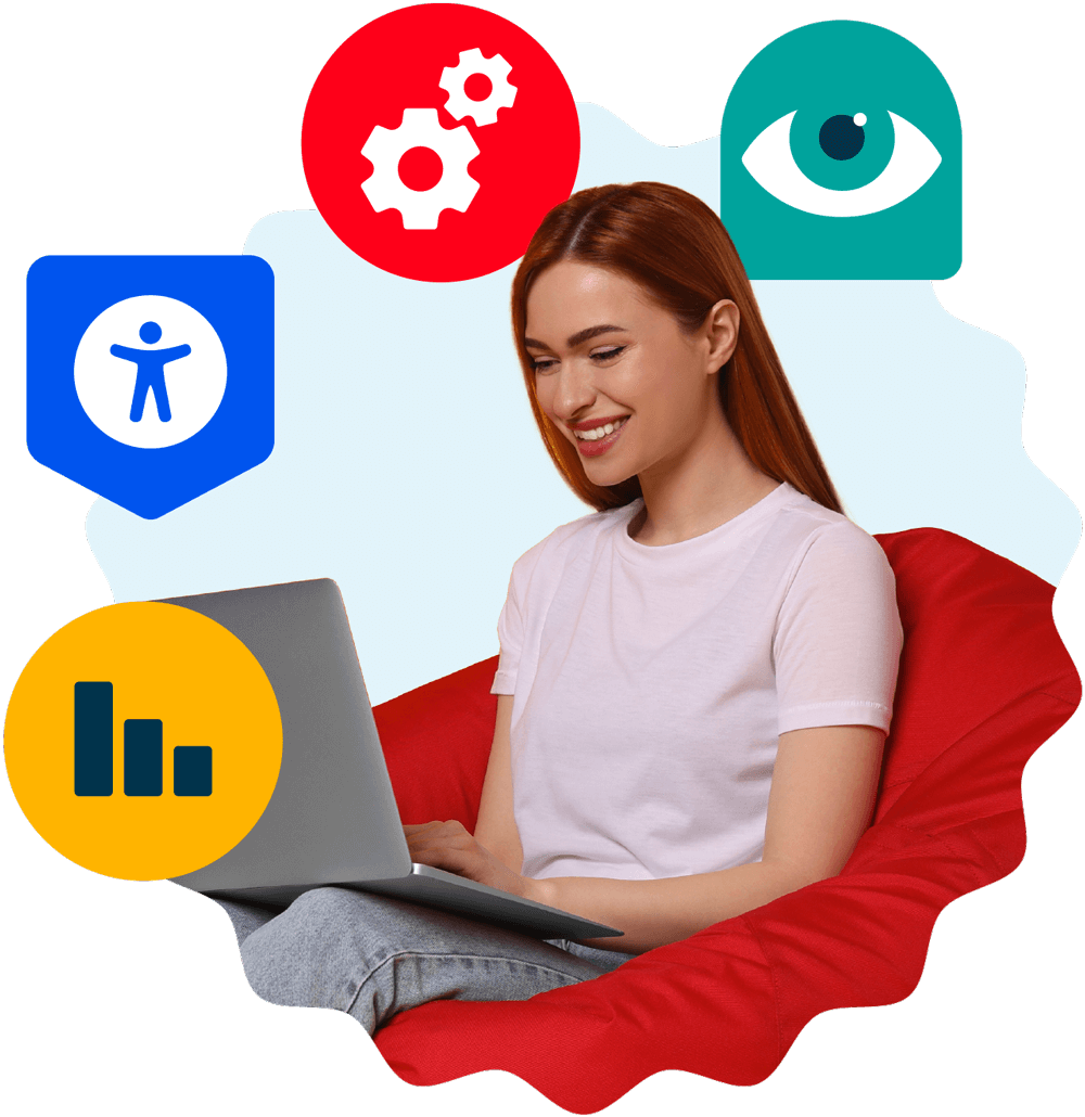 Image of a young woman on her laptop smiling with Inside Accessibility icons floating
