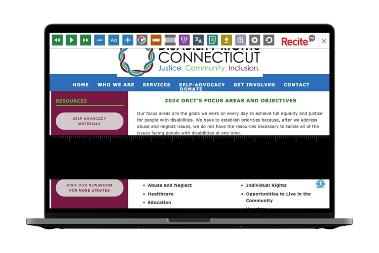 Laptop with screenshot of Disability Rights Connecticut website.