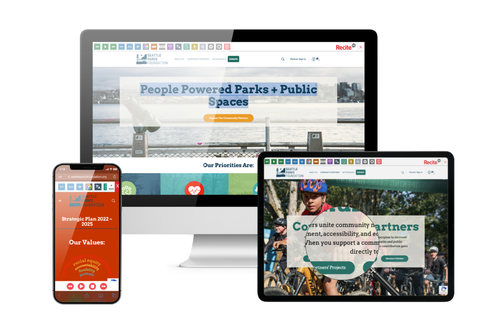 Laptop, tablet and mobile phone with screenshot of Seattle Parks Foundation website