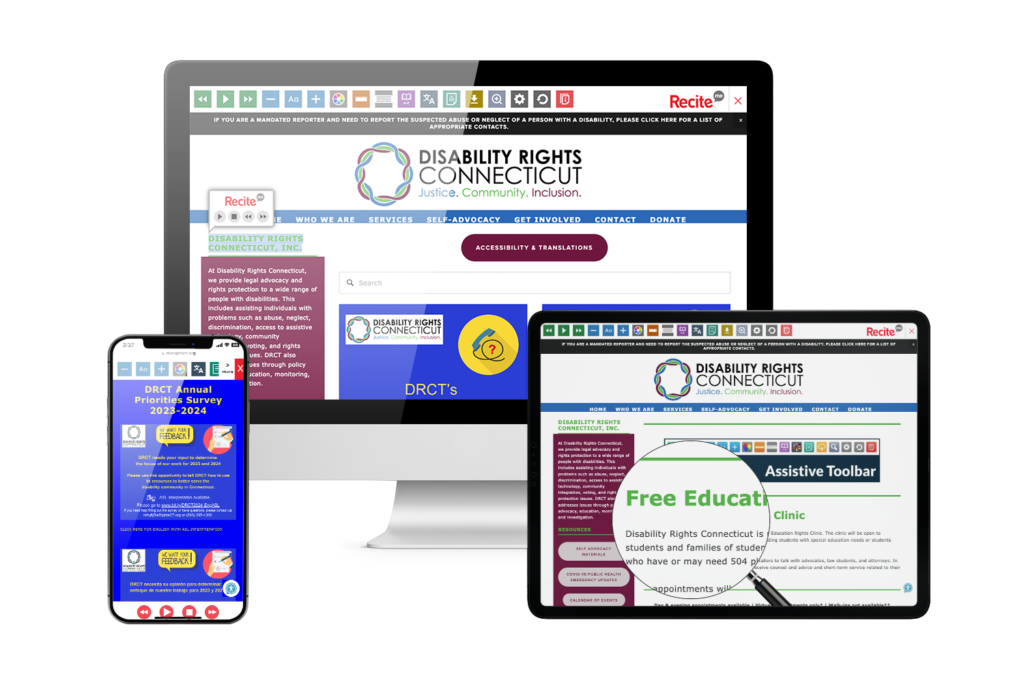 Desktop, tablet and mobile phone with screenshot of Disability Rights Connecticut website.