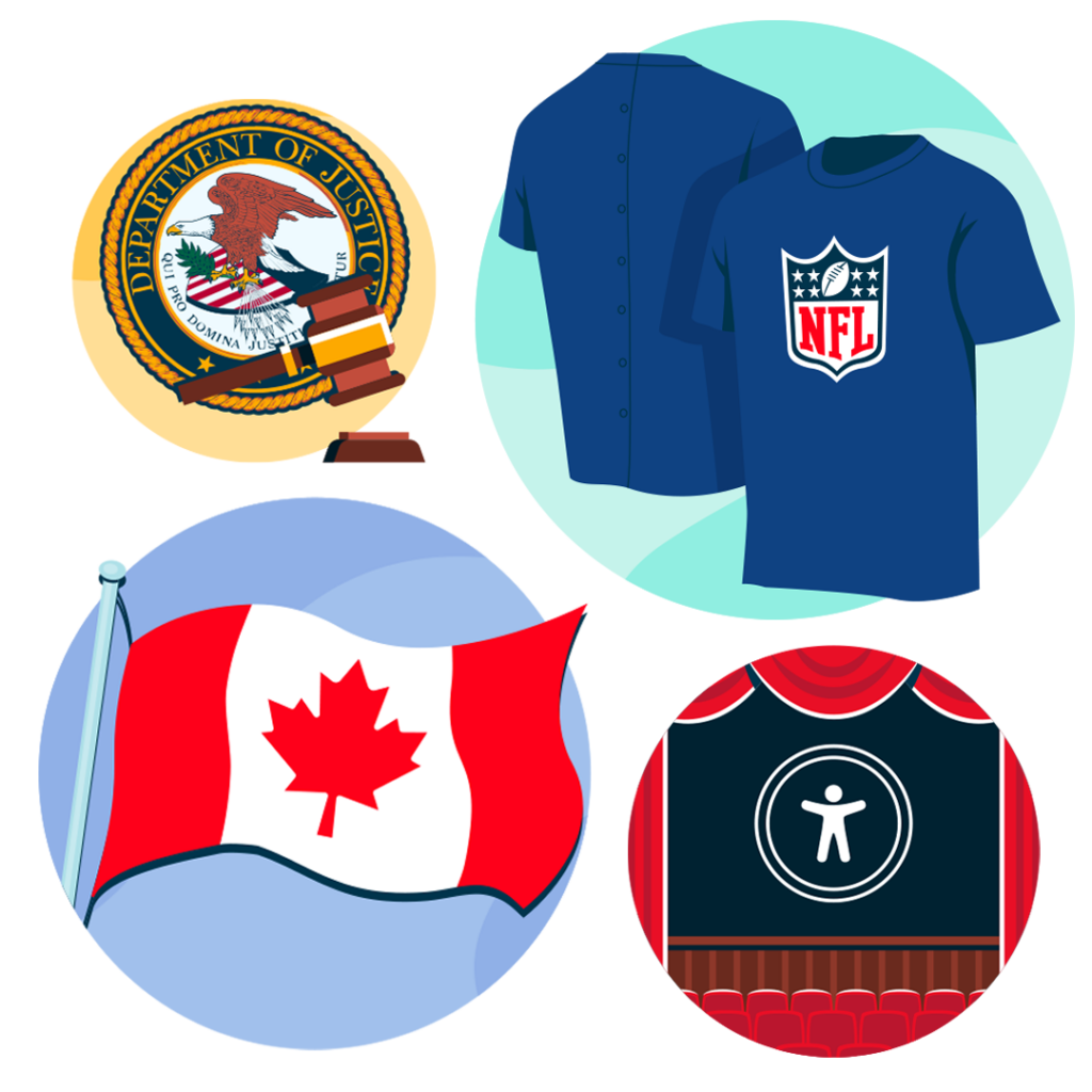 4 different icons with one for the Department of Justice, one with two blue t-shirts with one having the NFL logo, the canadian flag and an opera stage with the accessibility icon