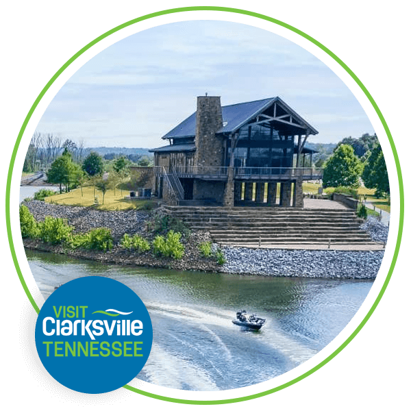 Image of a house on the lake with a Visit Clarksville logo