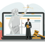 Illustration of a laptop showing a woman on the screen holding the scales of justice