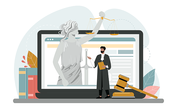 Illustration of a laptop showing a woman on the screen holding the scales of justice
