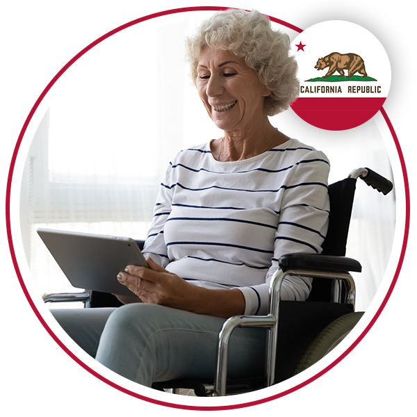 Woman in a wheelchair using a tablet with a circular california flag icon in the top right corner