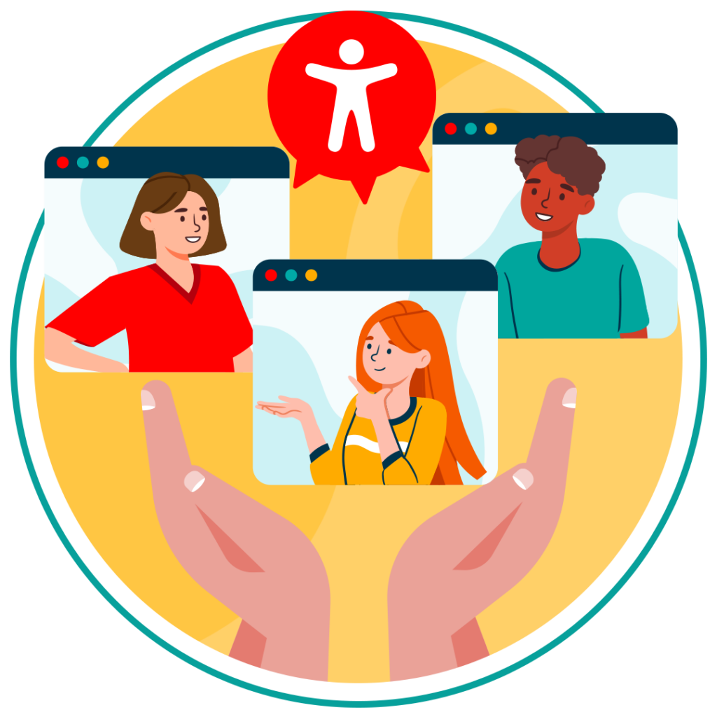 Image of a hand raised up with 3 icons of a young woman wearing a red top, a young woman wearing a yellow top and a young man wearing a blue top and an accessibility icon