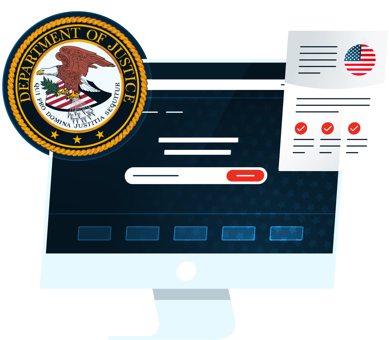 DOJ Graphic infront of a stylised desktop computer