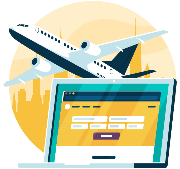 An illustration of a plane taking off with a laptop in the foreground