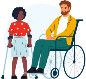 image of a young woman in crutches and a young man in a wheelchair