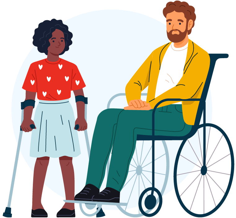 image of a young woman in crutches and a young man in a wheelchair