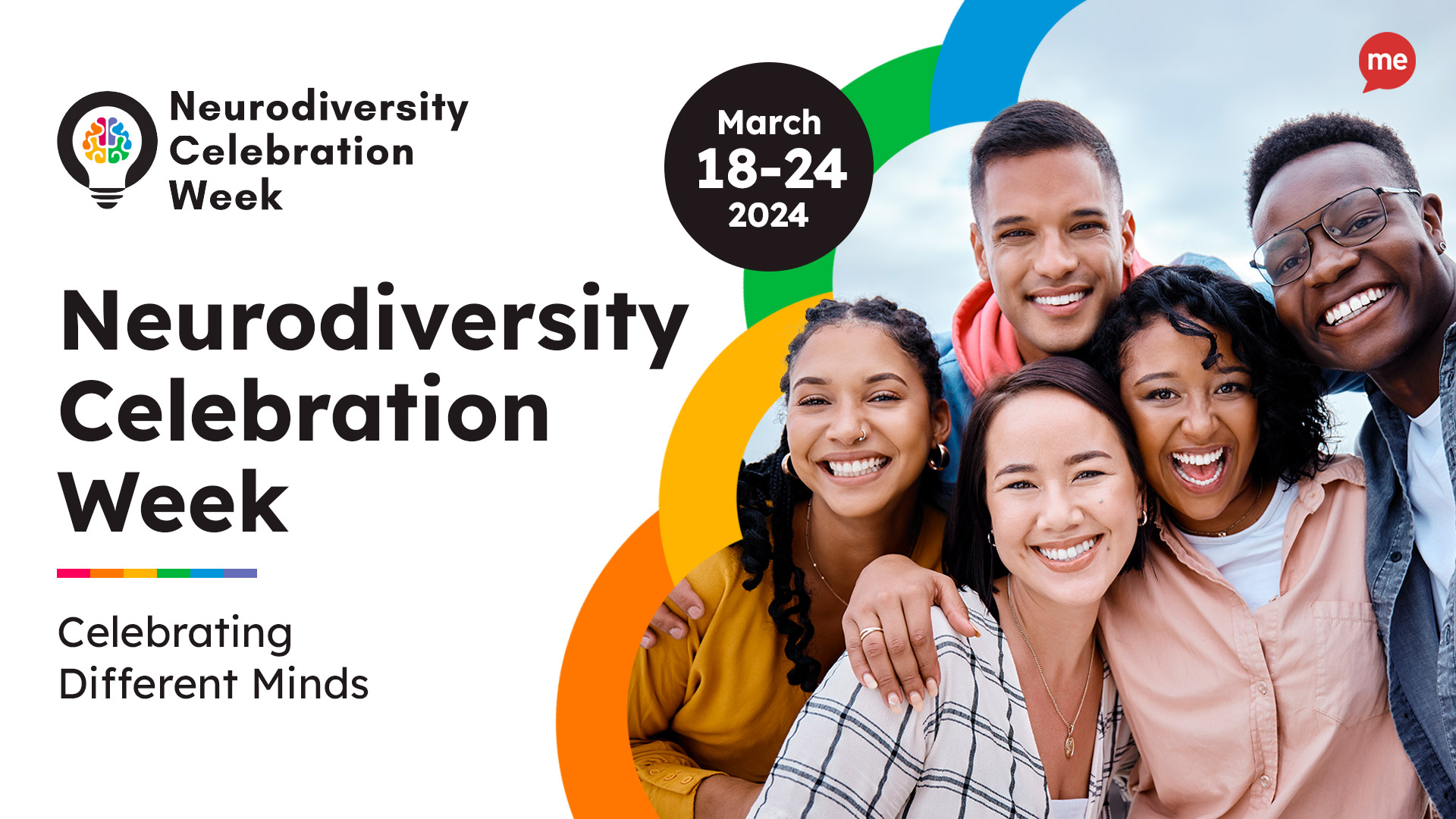Neurodiversity Celebration Week. Celebrating Different Minds March 18-24 with an image of 4 young people of different races and genders smiling and the Neurodiversity Week logo in the top left hand side.