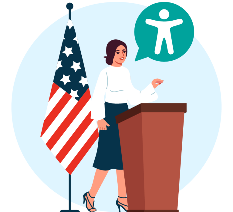 woman standing in front of american flag making announcement