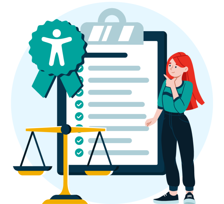 Illustration of a young redhead woman standing in front of a large clipboard with a checklist with some icons of a scale and an accessibility icon