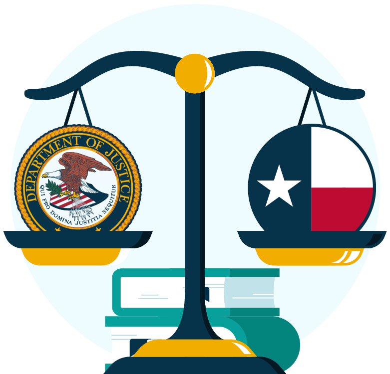 Scales of justice with the department of justice logo on the left, and Texas flag on the right