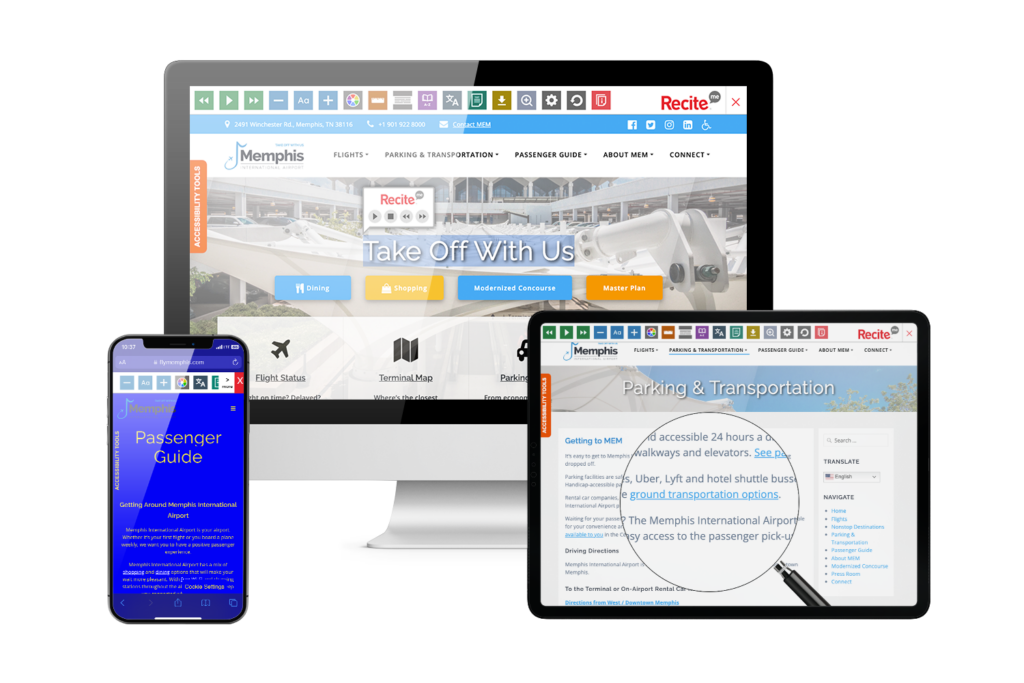 Desktop, tablet, and mobile phone with screenshot of https://flymemphis.com/ website