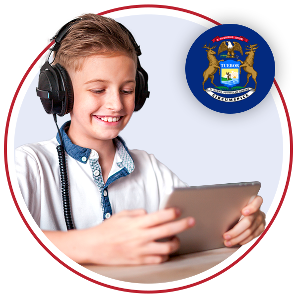 Child with headphones watching something on a tablet