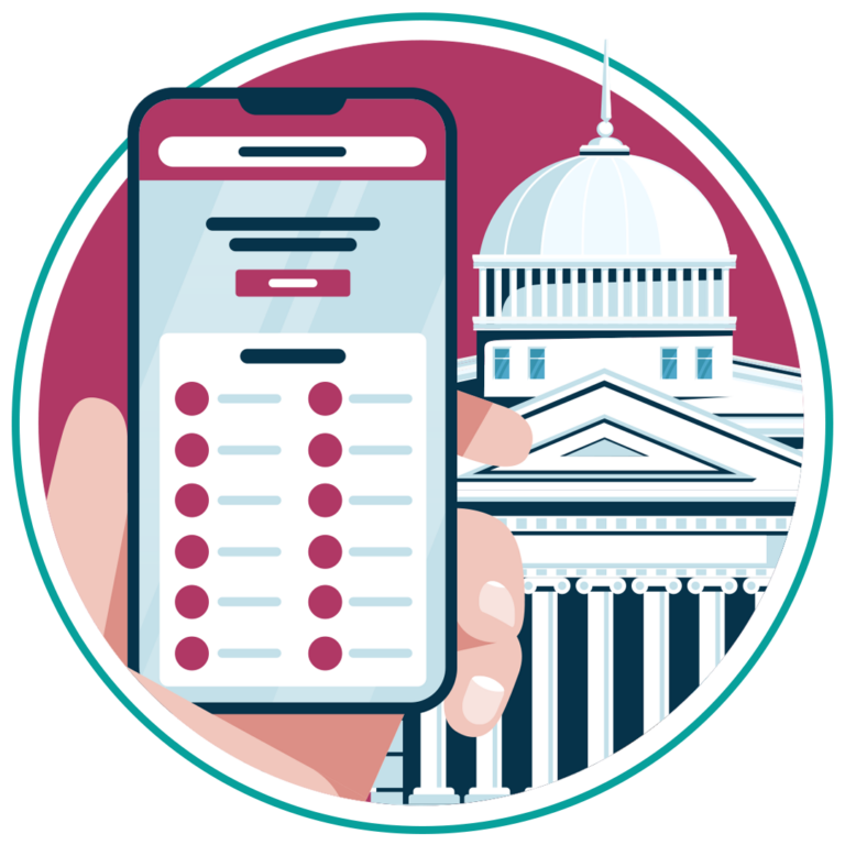 Header: Public sector website being on a phone in front of a town hall