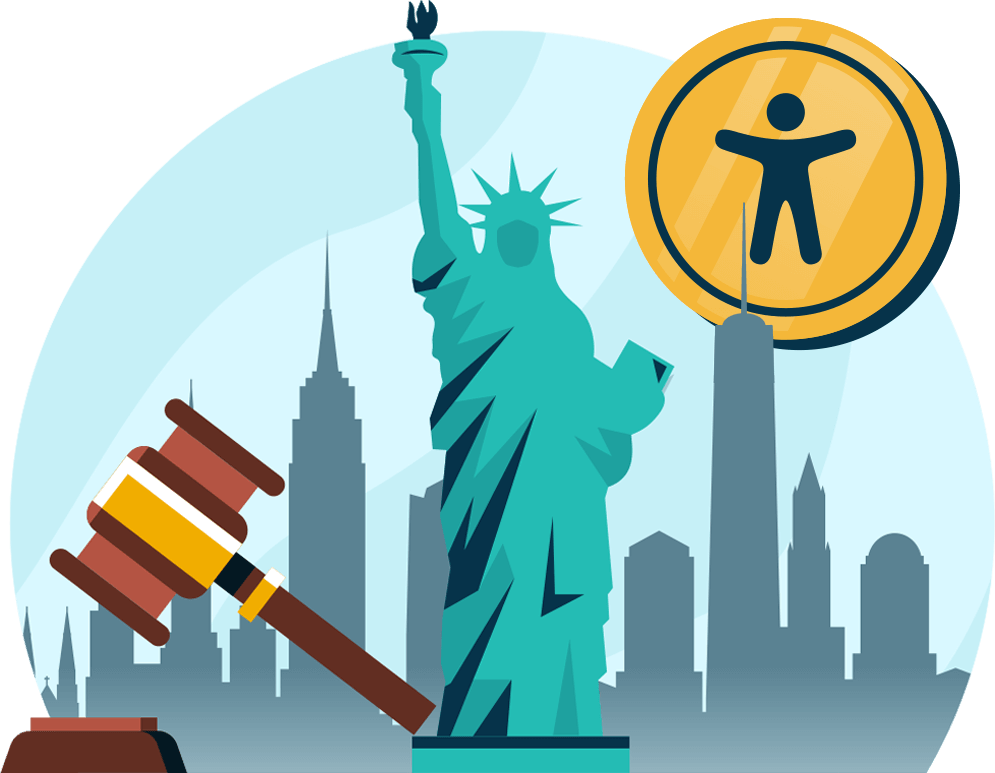 An illustration of the statue of liberty with the universal accessibility symbol in the background