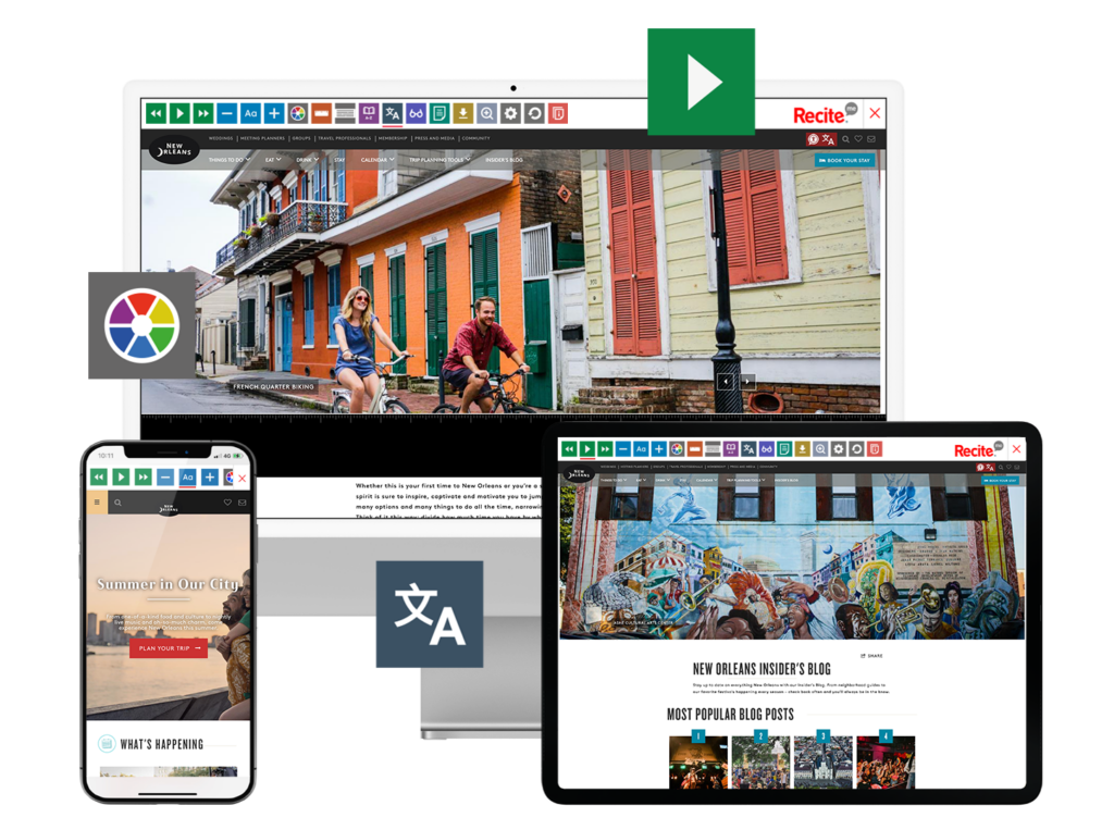 Desktop, mobile, and tablet with screenshot of https://www.neworleans.com/ website.