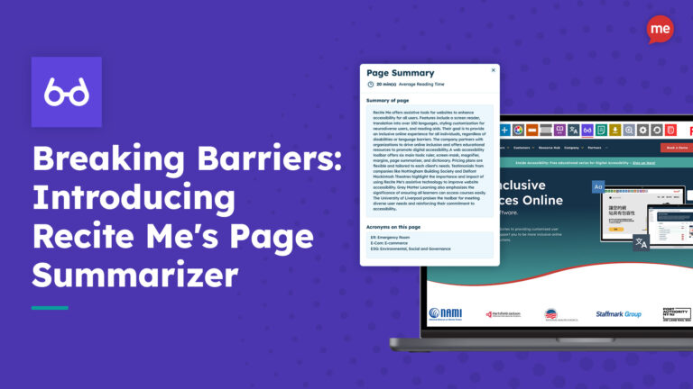 Image title reads Breaking Barriers: Introducing Recite Me's Page Summarizer with screenshot of Recite Me's website using the page summarizer.