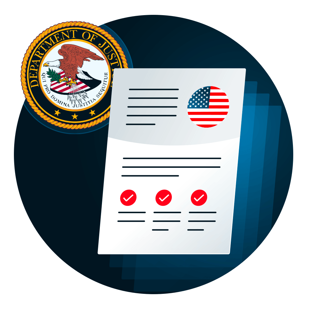 Department of Justice seal with a document and the american flag