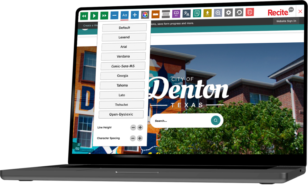 A laptop showing the City of Denton website with the Recite Me toolbar launched