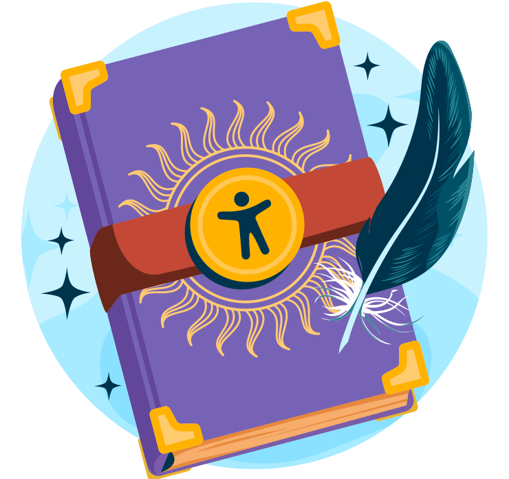 A quill and a fantasy book, with an accessibility icon