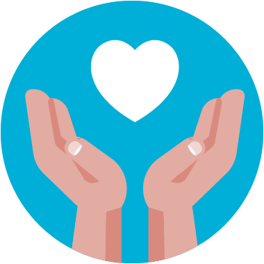 Icon of two hands raised with a white heart floating above on a light blue background