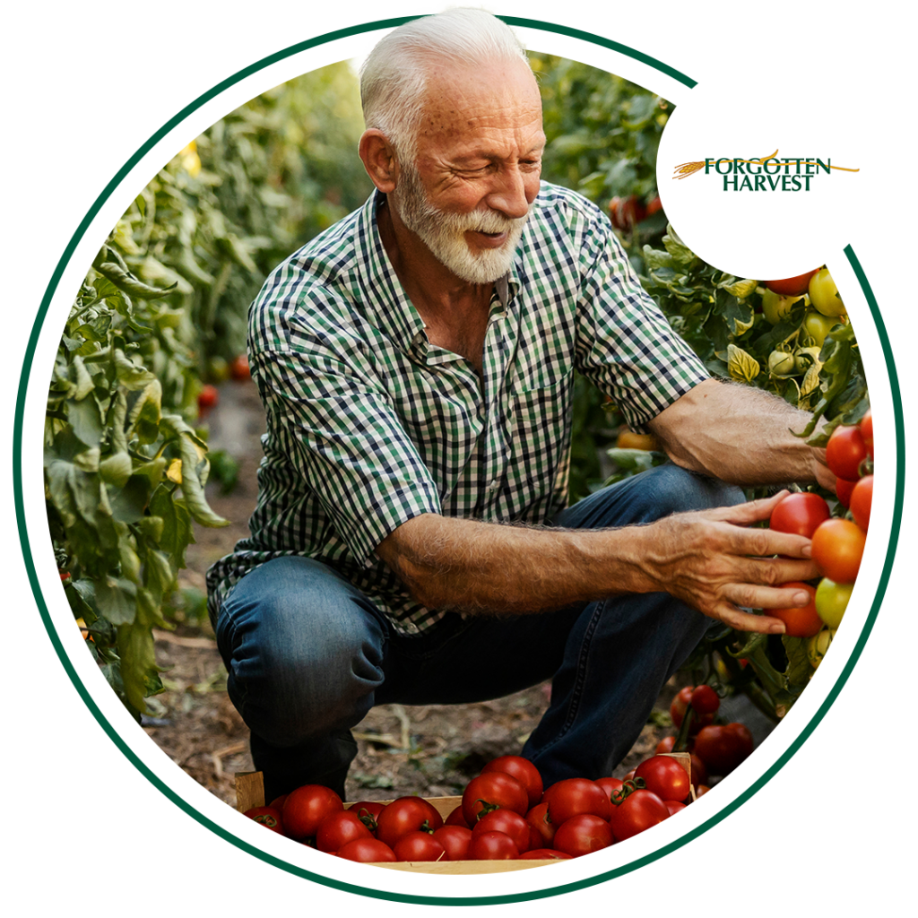 Image of an elderly man picking tomatoes in a field