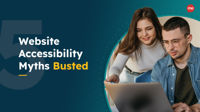 Image of a young man and woman looking at a laptop with text that reads '5 website accessibility myths busted' on a gradient blue background with dots