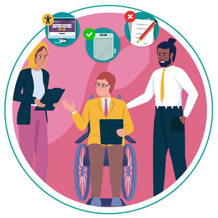 illustration of man in a wheelchair discussing roles with recruiters