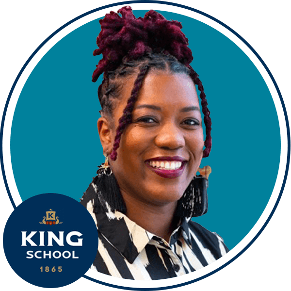 Image of a young woman smiling with the logo of King School