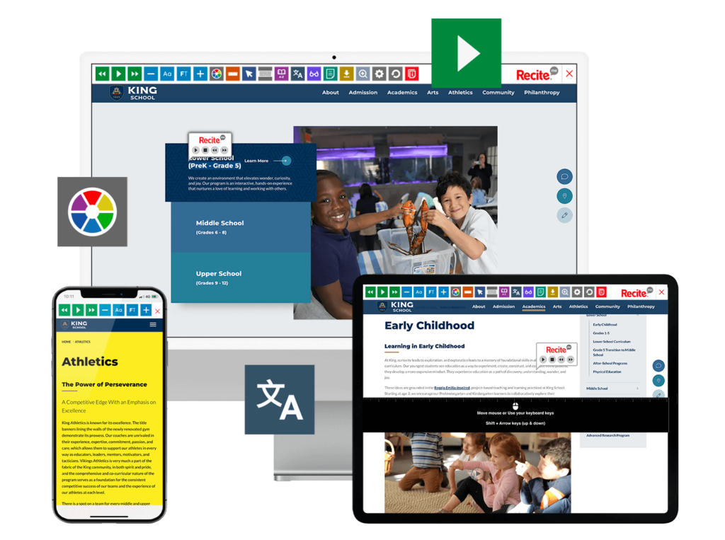 Desktop, tablet, mobile phone with screenshot of King School website