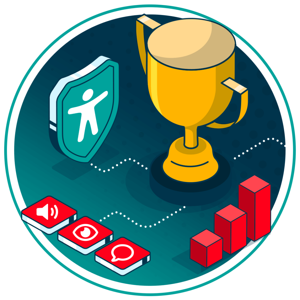 Illustration of a trophy, accessibility shield icon, and icons representing audio, video, and communication. A bar graph symbolizes growth, with dotted lines connecting the elements, indicating the importance of accessibility in achieving success.