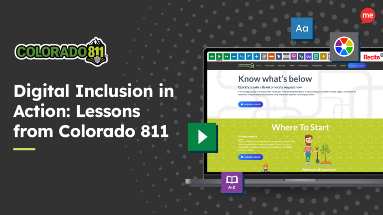 Digital Inclusion in Action: Lessons from Colorado 811 with a laptop mockup with screenshot to Colorado 811 website. The image is on a black background with transparent dots