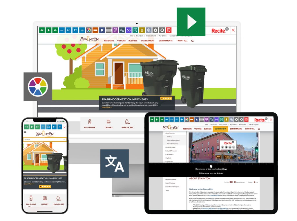 Desktop, tablet, and mobile phone with screenshot of the City of Staunton website