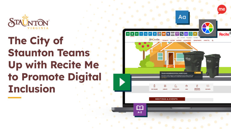 The City of Staunton Teams Up with Recite Me to Promote Digital Inclusion with a laptop image with a screenshot of the City of Staunton website. There is a white background with faded yellow dots