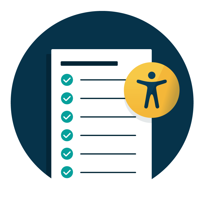 Icon of blank checklist with green checkmarks on a dark blue background. There is an accessibility man icon in the corner