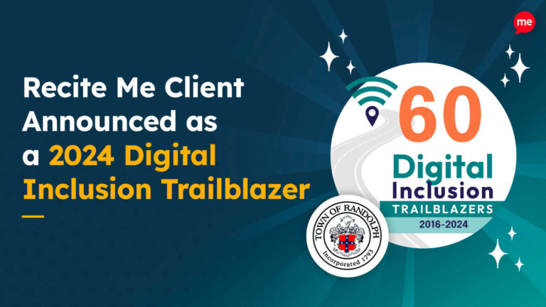 Text reads 'Recite Me Client Announced as a 2024 Digital Inclusion Trailblazer' with logo of the NDIA and Town of Randolph logos